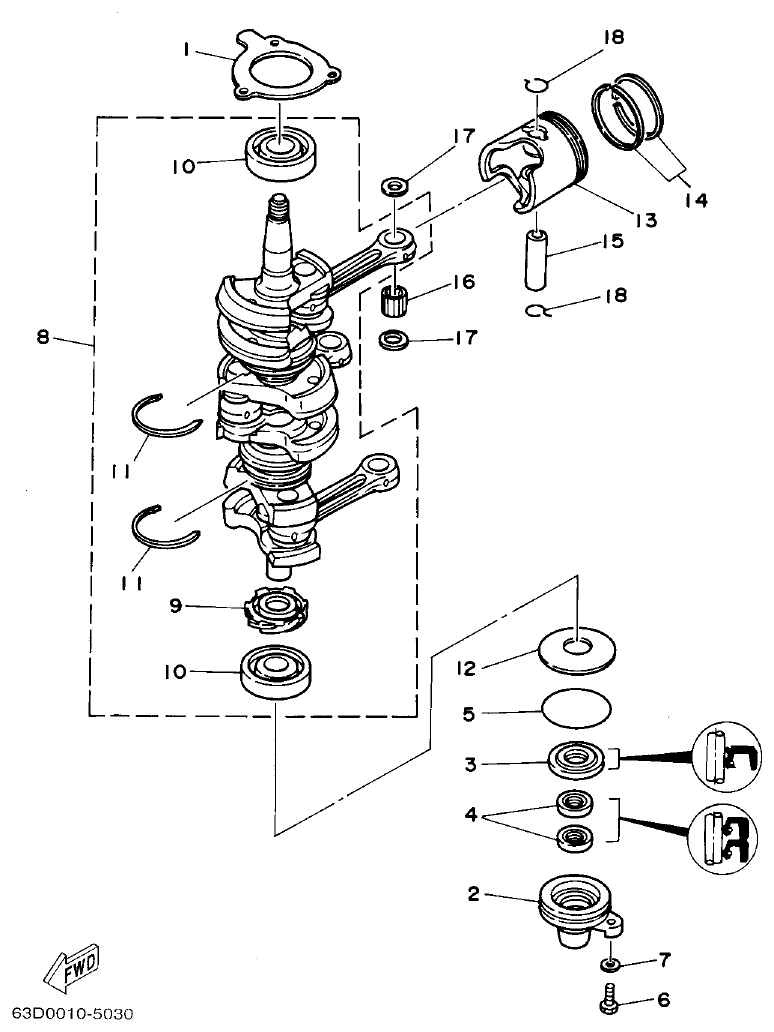 Yamaha 40VMHO, 40VEO, 40YETO CRANKSHAFT & PISTON parts diagram